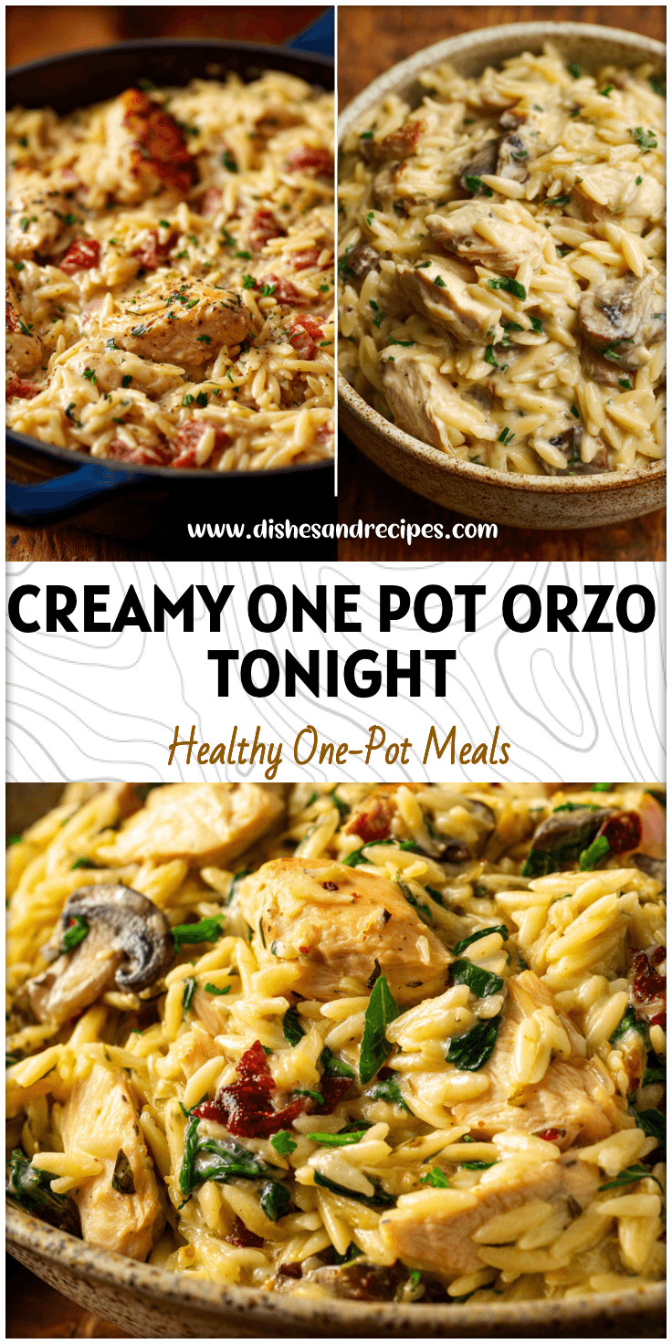 Bowl of creamy chicken orzo dinner with tender rotisserie chicken and herbs in a light sauce.